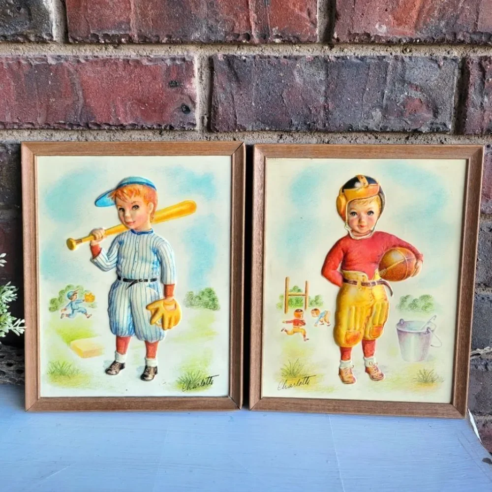 Pair of 1950's Metalcraft Framed 3D Baseball & Football Prints ⚾ 🏈 - Picture 7 of 14